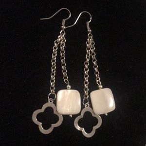 White Shell Quatrefoil Silver Drop Earrings